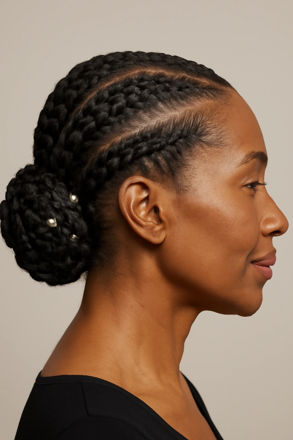 Mature Black woman with an elegant braided updo styled into a polished bun with decorative pins.