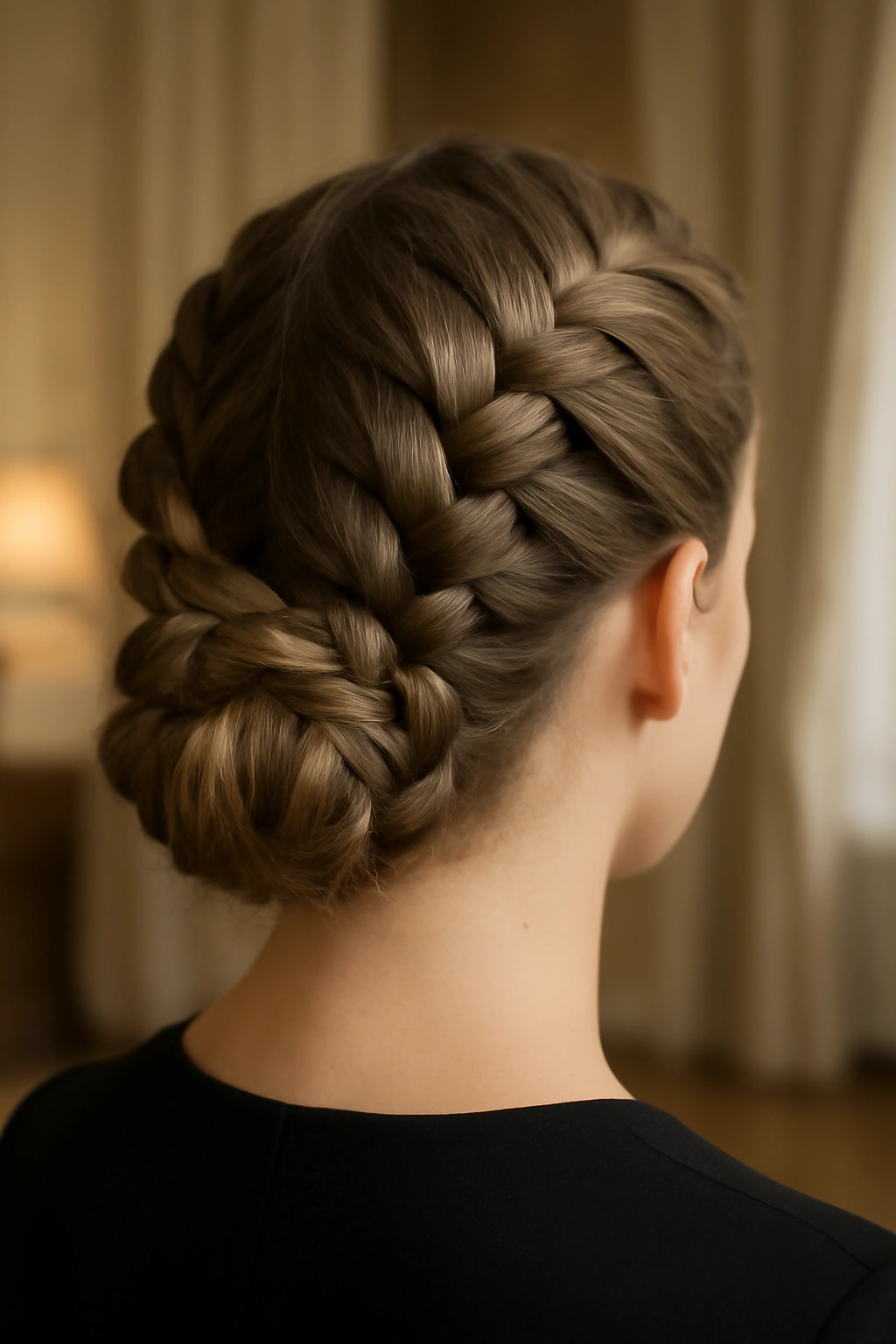 Close-up of a formal Dutch braid updo gathered into a beautiful low bun