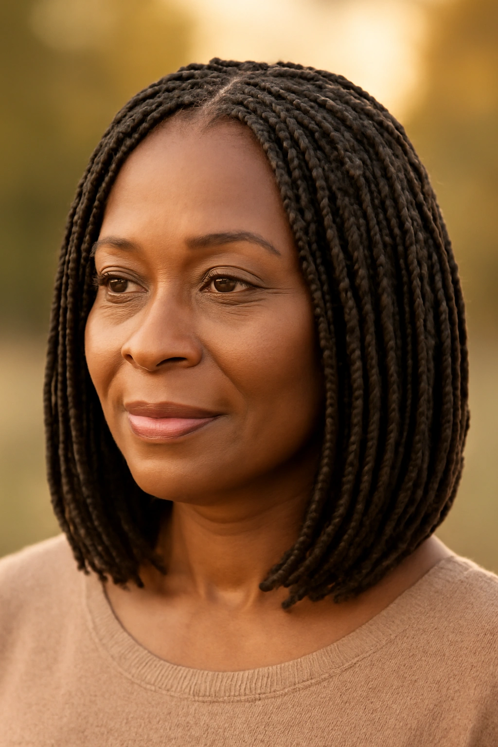 Realistic braided wig with natural texture on a radiant Black woman over 50 in soft sunlight.