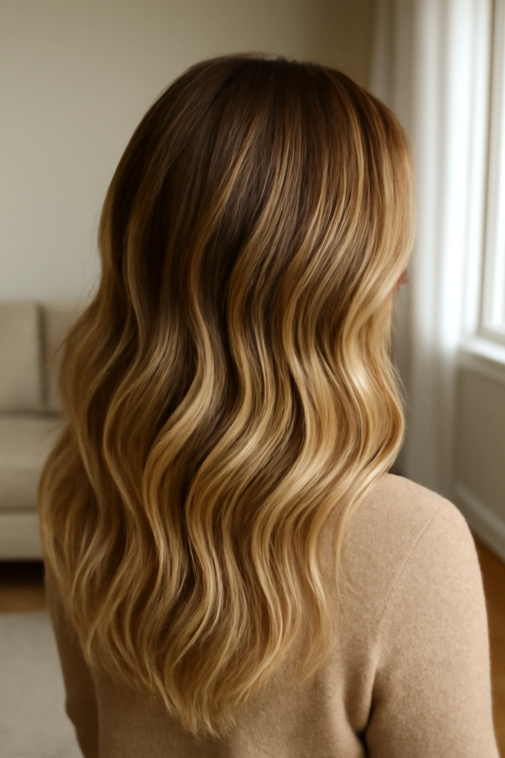 Seamless bronde balayage blending blonde and brown tones for an effortless, natural lived-in hair color look.