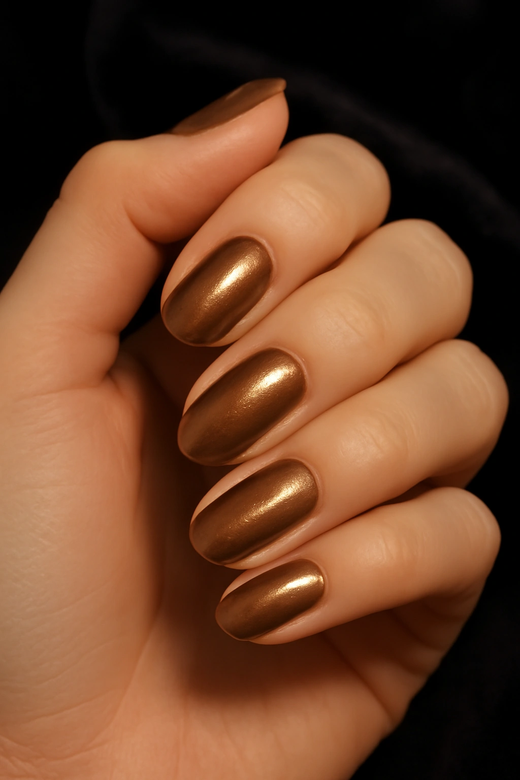 Shimmering metallic bronze nail polish on oval nails against velvet.