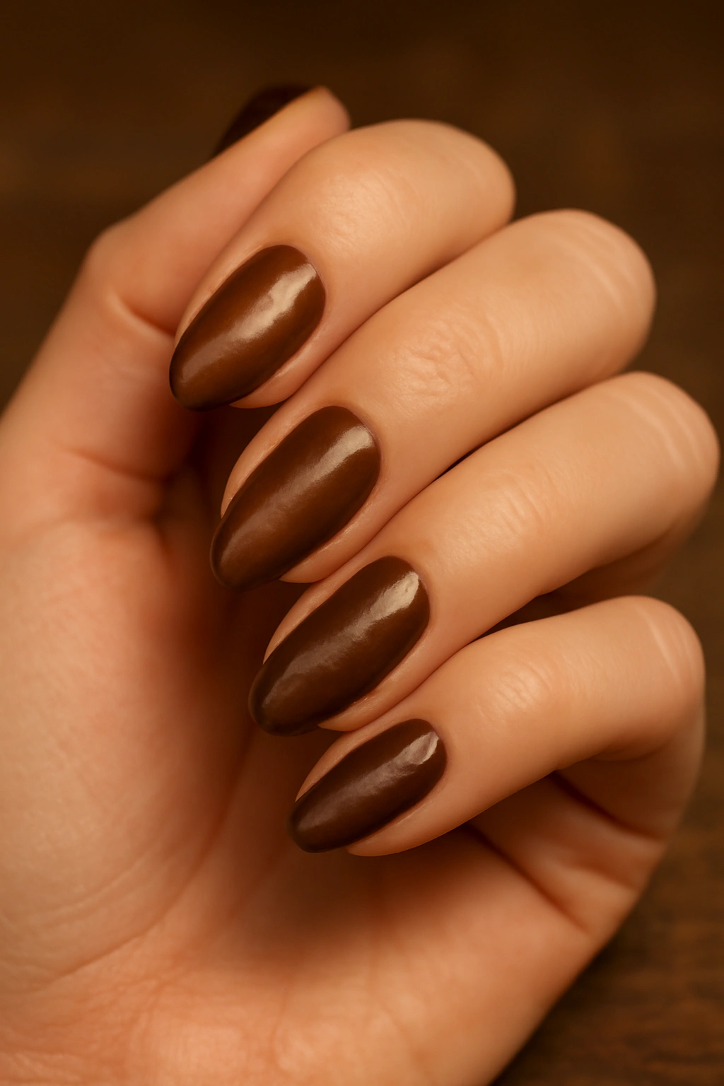 Cozy brown tone nails in chocolate and caramel shades with a velvet cat-eye effect