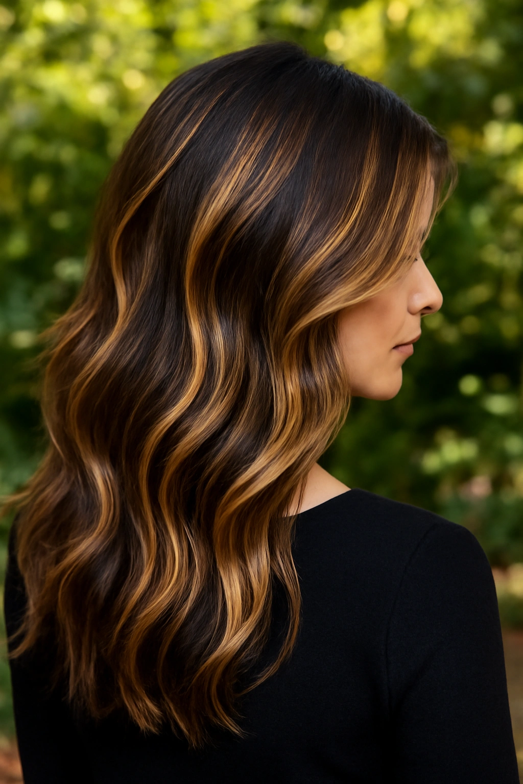 Rich brunette hair featuring radiant honey blonde highlights for warmth and dimension.