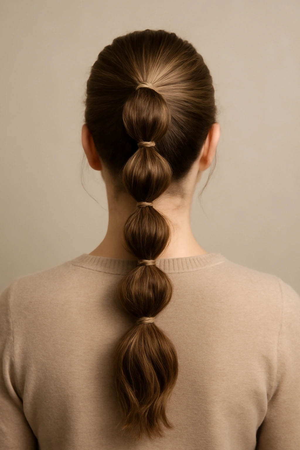 Rear view of a half-up hairstyle featuring a textured bubble braid effect.