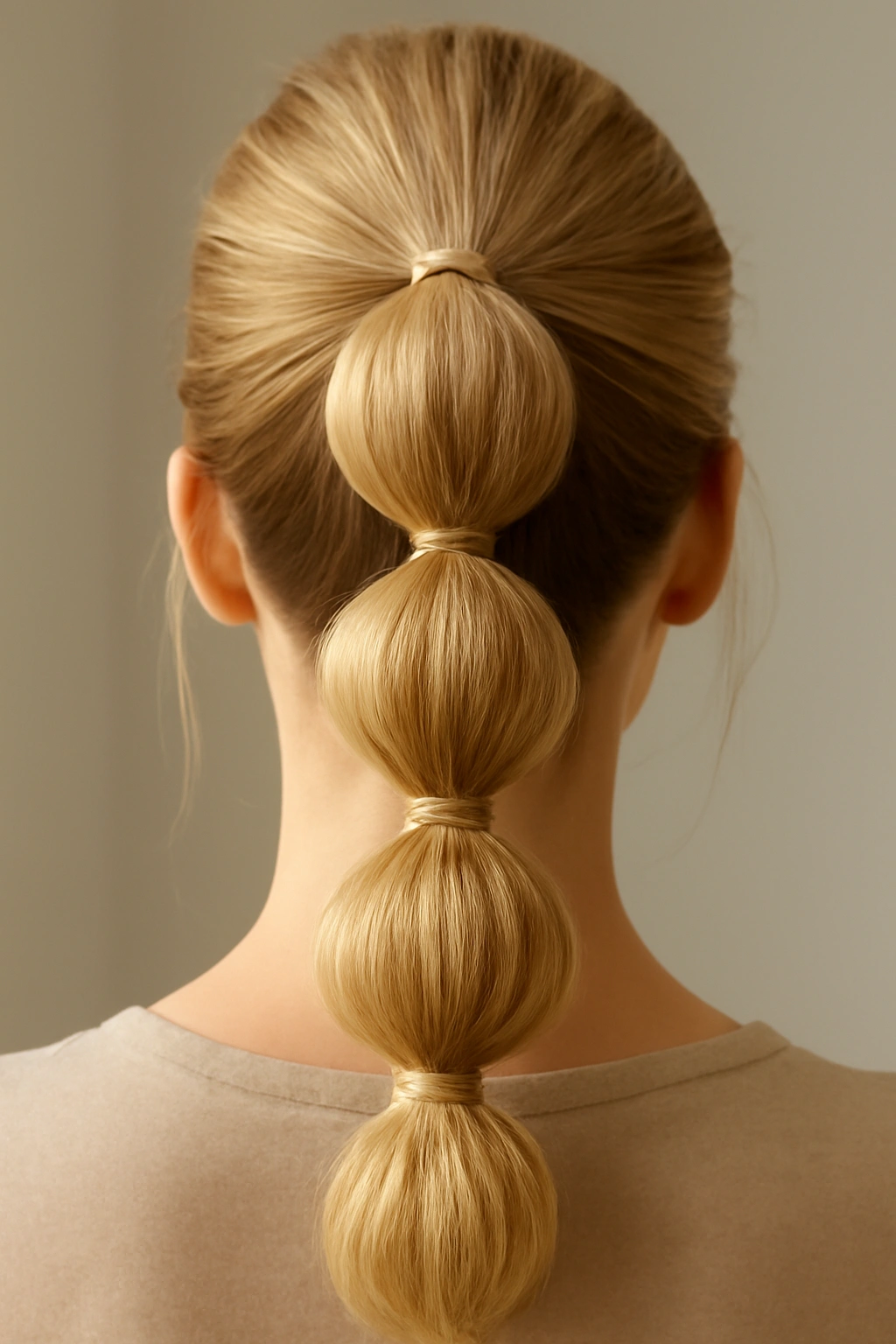 Back view of a bubble bun hairstyle with voluminous puffed sections and blonde hair.