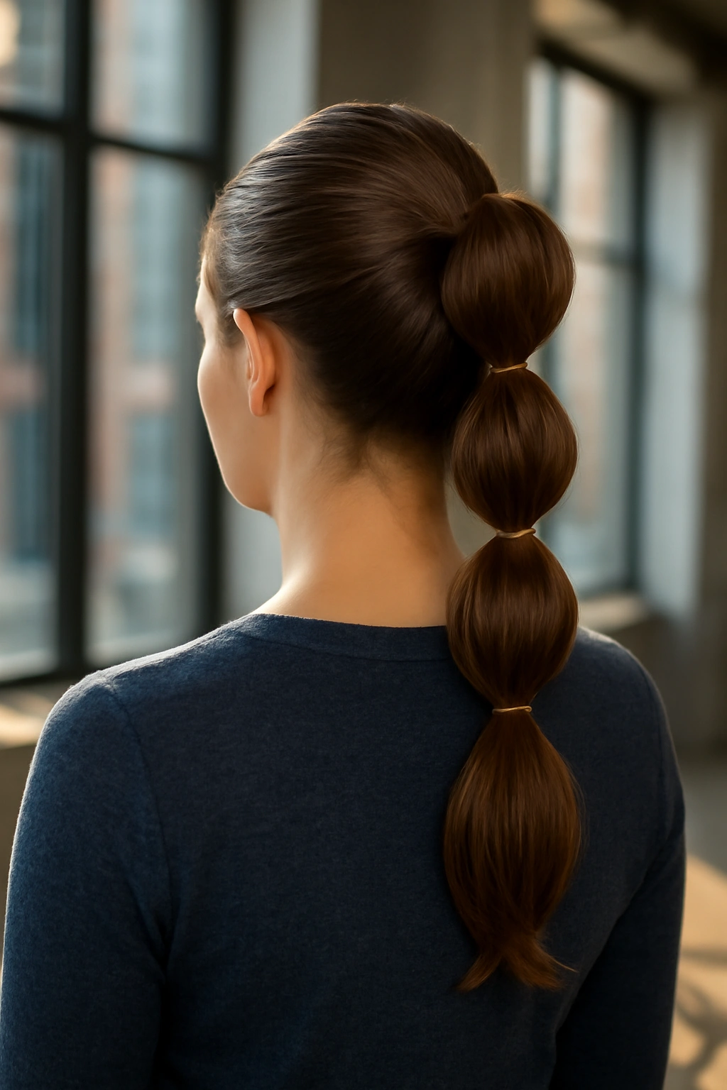 Trendy bubble ponytail hairstyle with multiple rounded sections and clear elastics on long hair