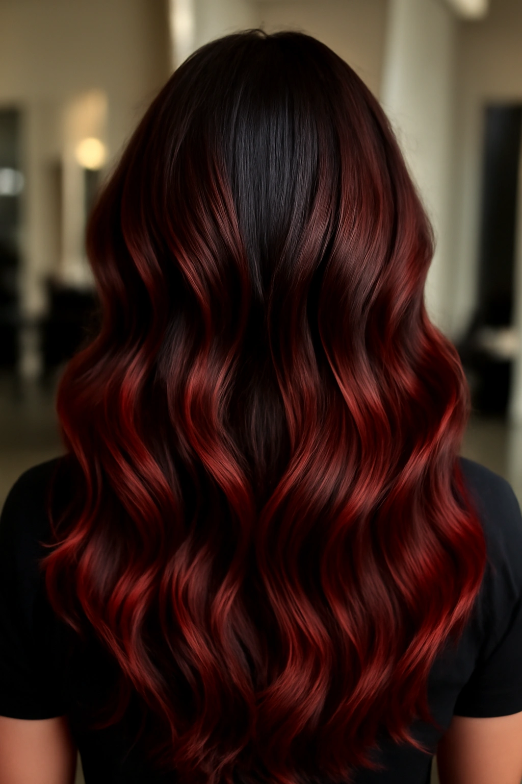 Woman with dark hair featuring rich burgundy and red balayage highlights in a wavy style.