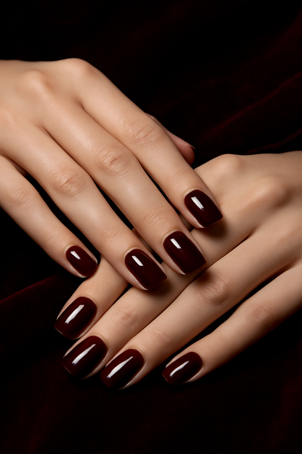 Deep burgundy wine colored nail polish on porcelain skin hands