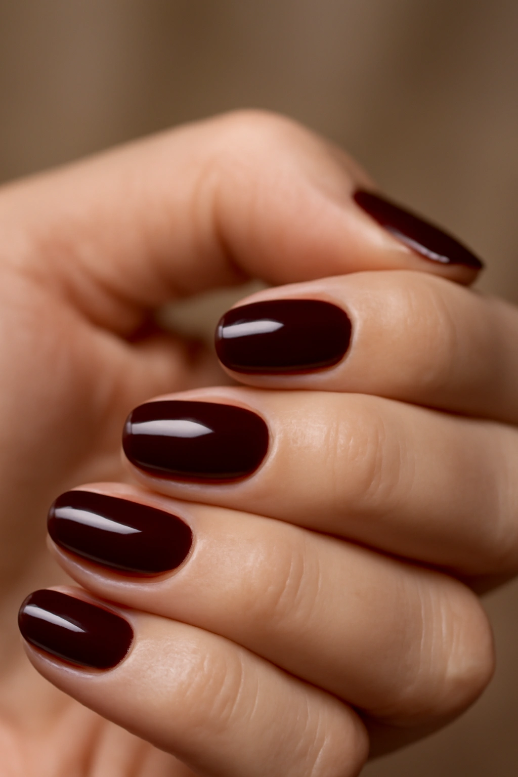 Close-up of hands with burgundy wine nails, rich jewel tone