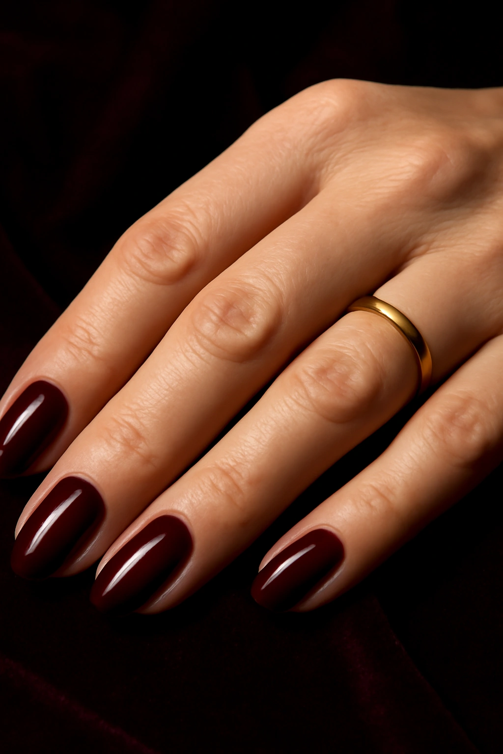 Rich burgundy wine colored nail polish on elegant hands