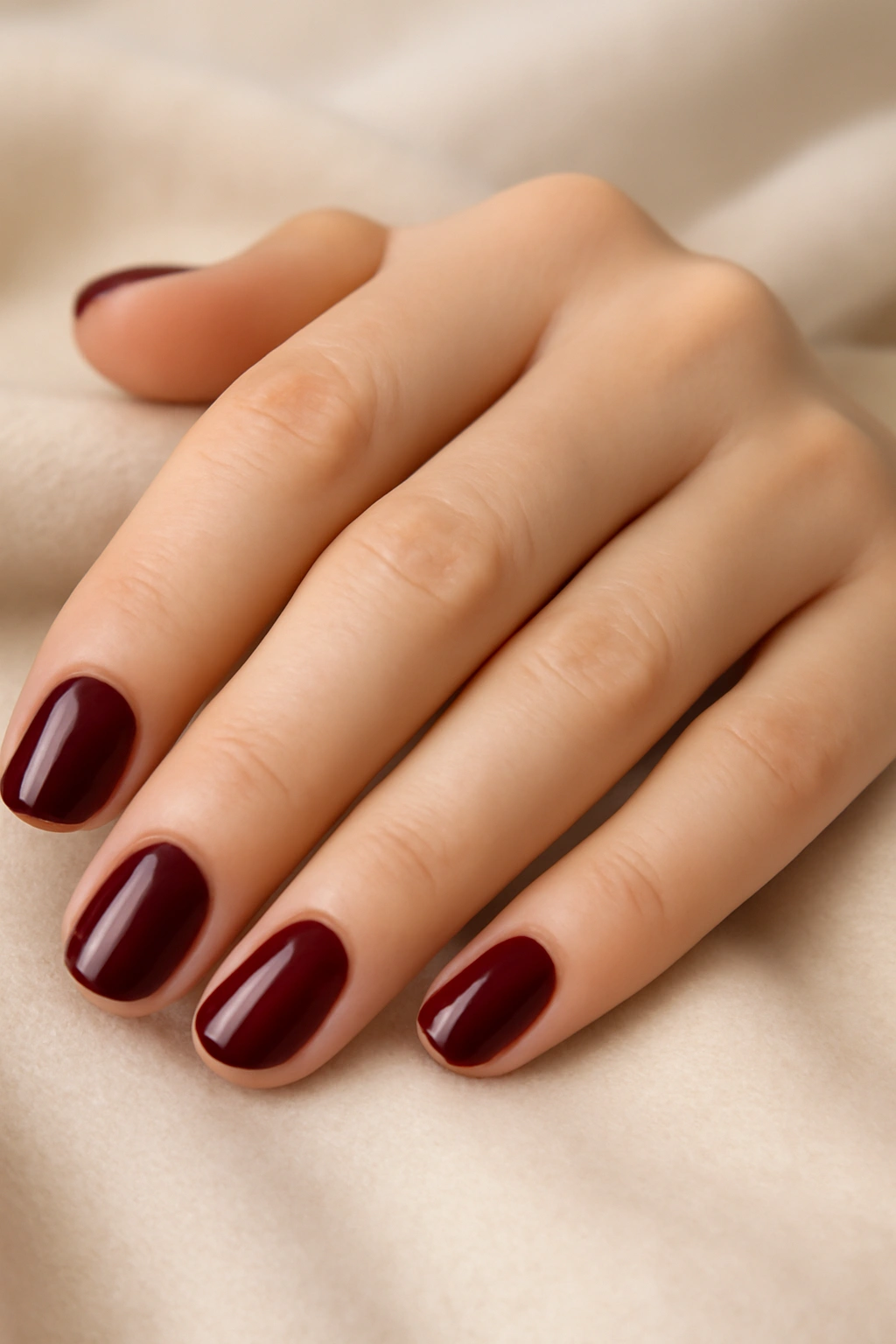 Close-up of short nails painted in a deep glossy burgundy wine color