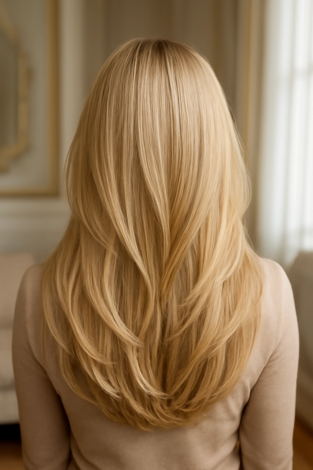 Long layered hair in a creamy soft butter blonde shade with a healthy shine