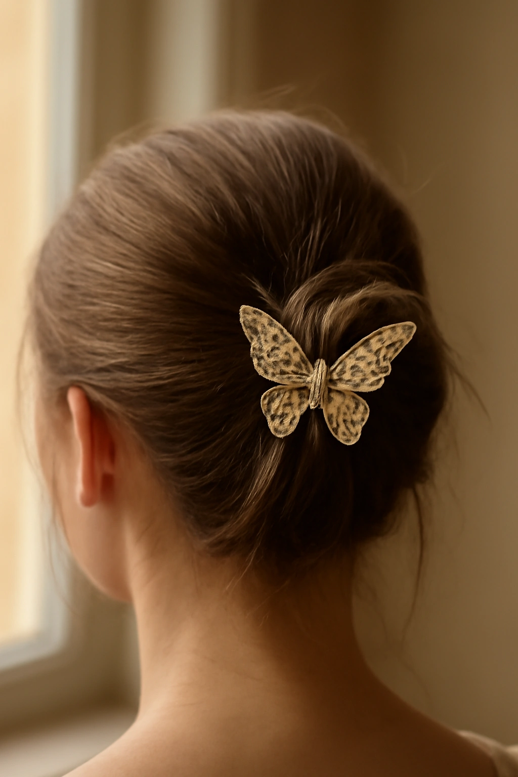 A casual hair bun secured with a decorative shimmering butterfly clip.
