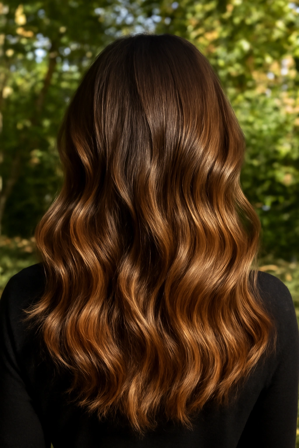 Medium brown wavy hair featuring warm caramel balayage highlights for a vibrant, sun-drenched effect.