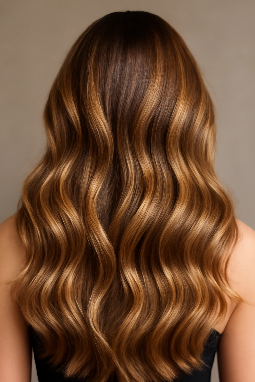 Warm caramel blonde highlights on long wavy brown hair showing depth and dimension