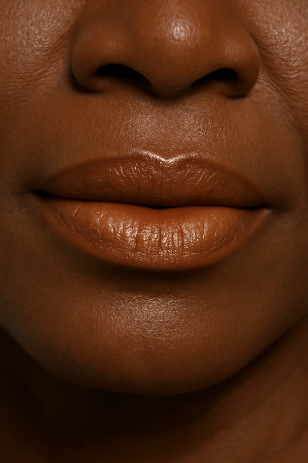 Close up of caramel nude lipstick on deep skin tone for a mother of the groom.
