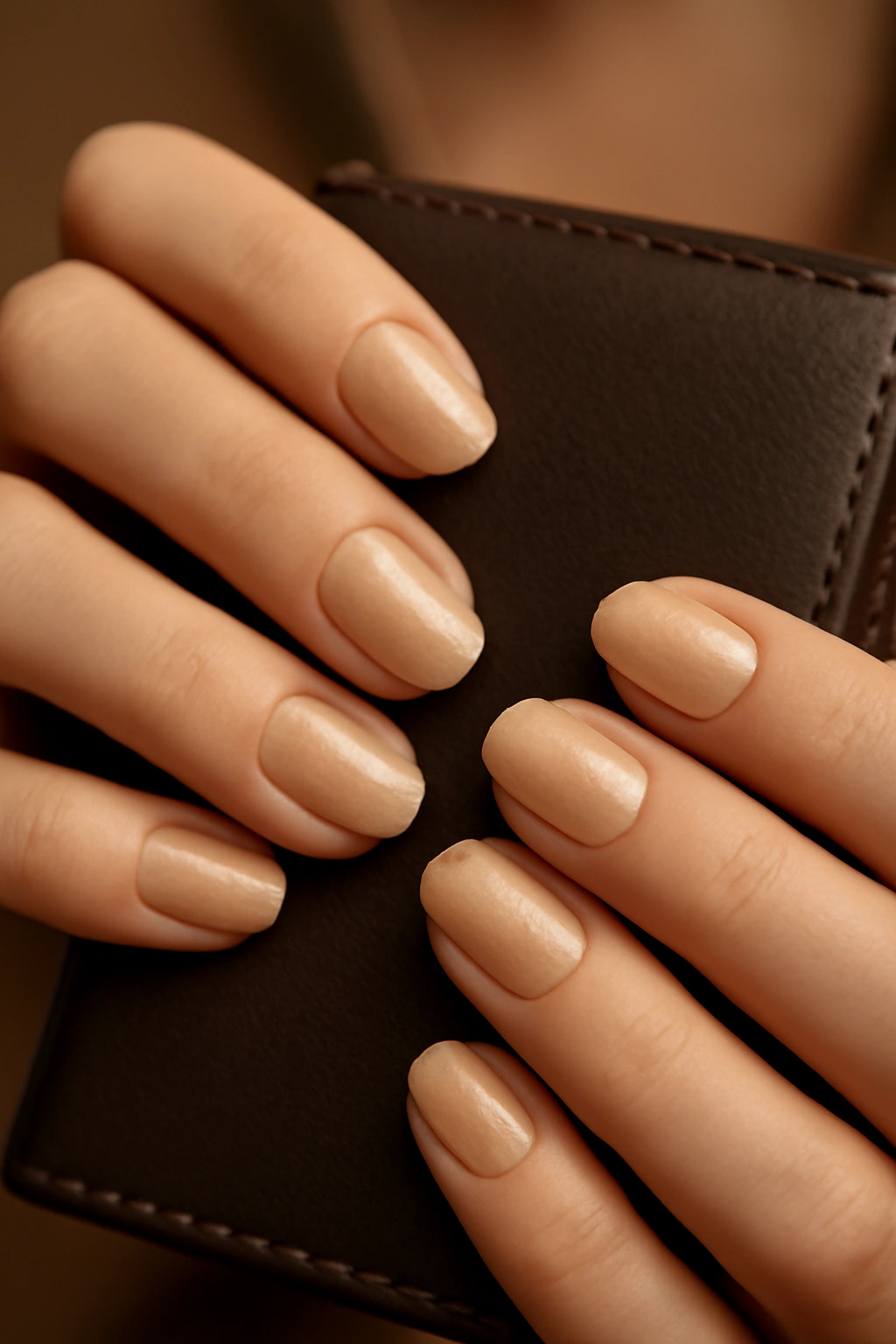 Elegant champagne shimmering nail polish on hands holding a professional teacher planner.