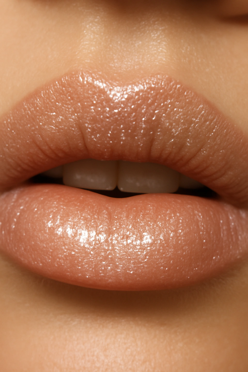 Champagne shimmer lip gloss over pink lipstick for a celebratory sparkle.