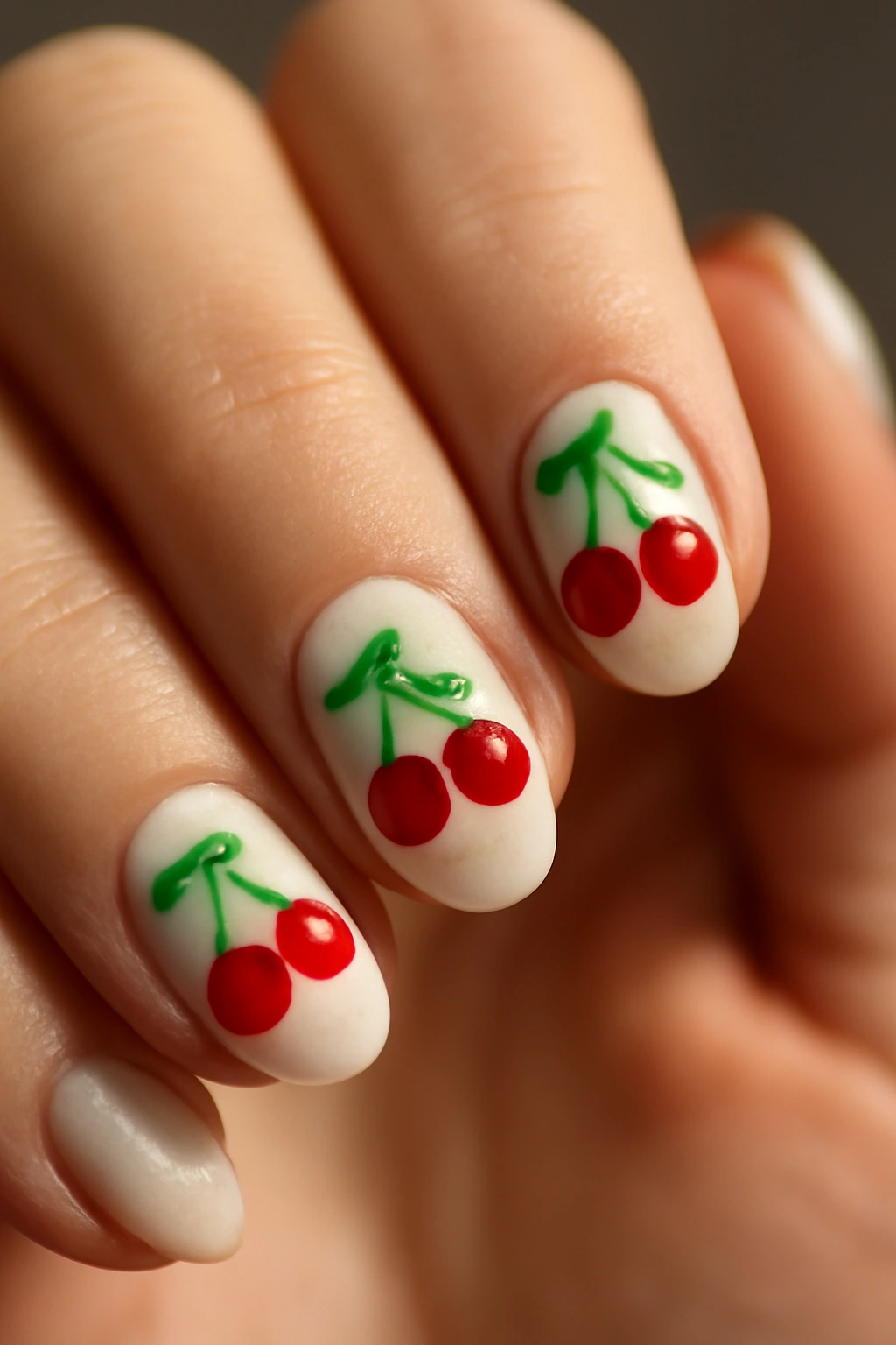 Close-up of nails with red cherries and green leaves.