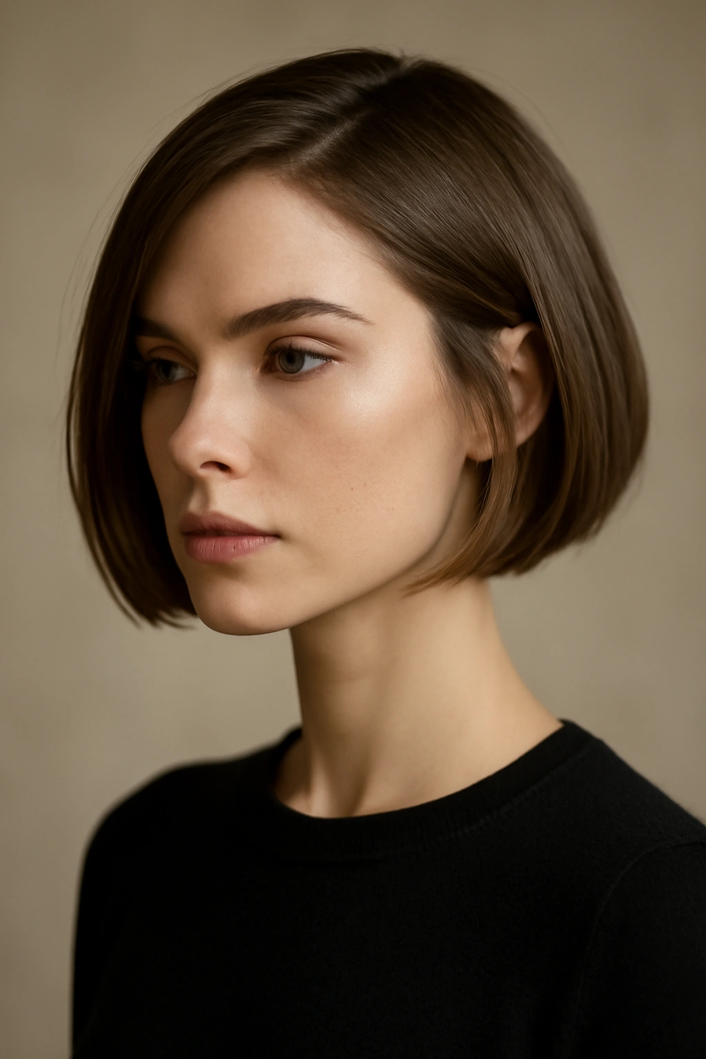 Portrait of a person with a chic bob at chin length.