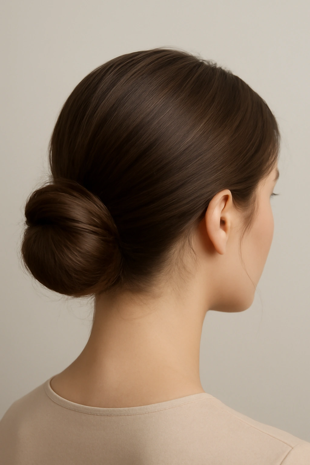 Elegant low chignon bun hairstyle at the nape of the neck on a woman with polished hair