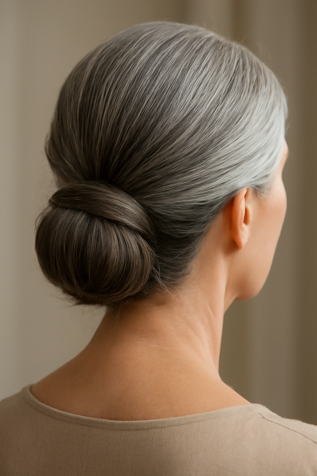 Elegant low chignon bun on a woman over 70 with long salt-and-pepper hair.