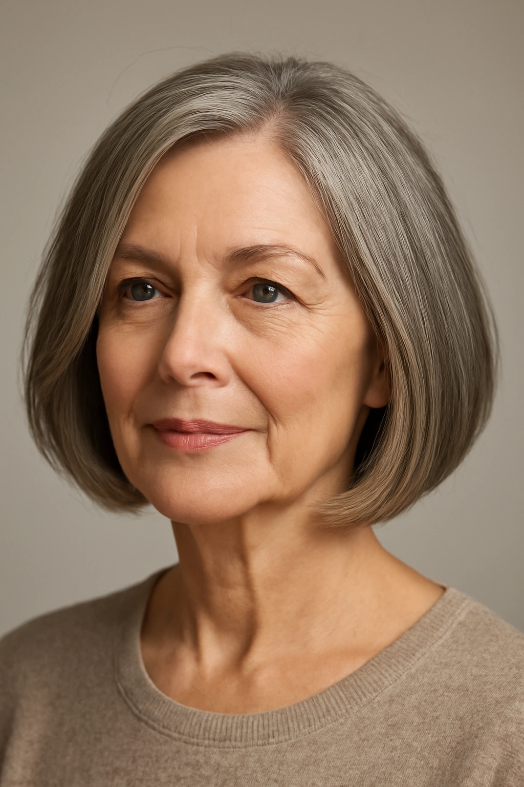 Mature woman wearing a chin-length bob framing her jawline