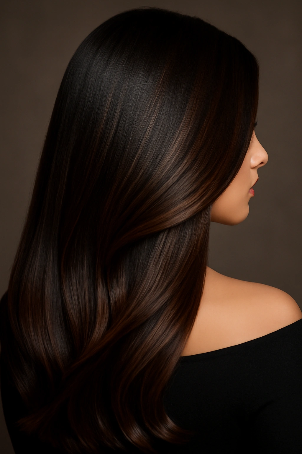 Sleek dark brown hair with rich chocolate balayage highlights for a luxurious and elegant transformation.