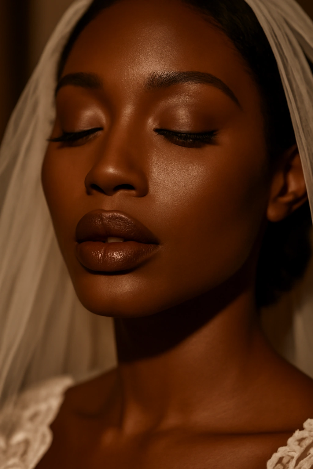 Rich chocolate brown satin lipstick on deep skin for a sophisticated bridal look.