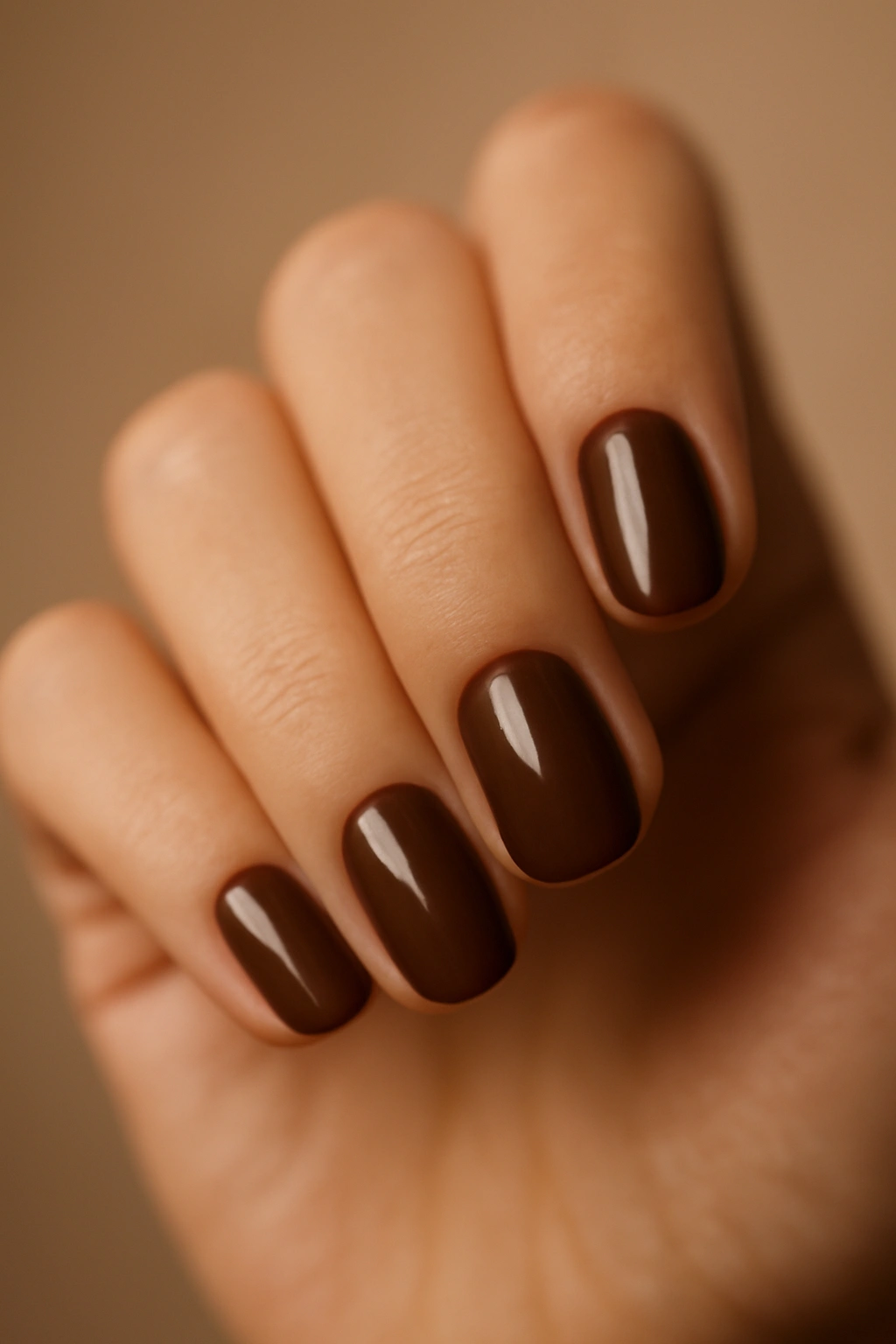 Close-up of a hand with chocolate brown nails.