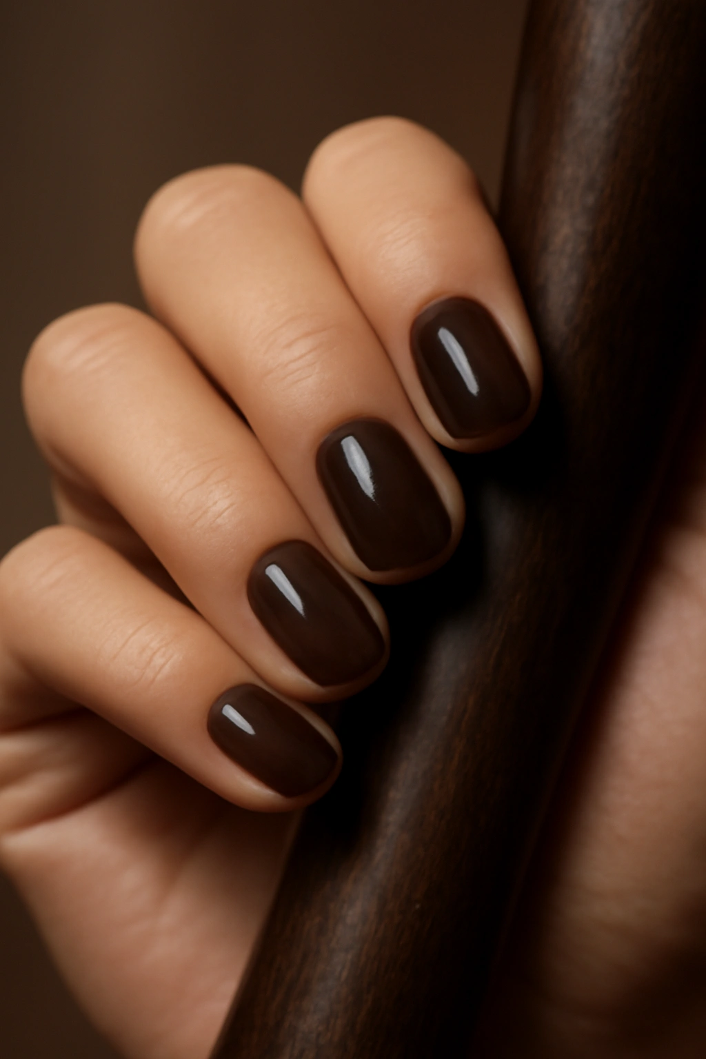 Deep chocolate brown glossy nail polish on short, classy manicured nails.