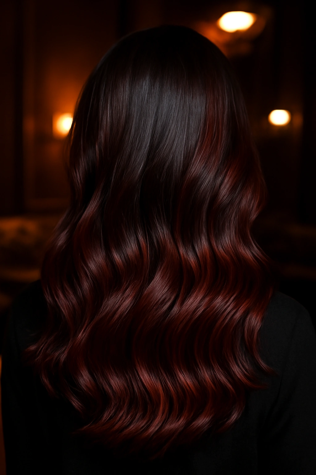 Deep chocolate brown hair with subtle cherry red balayage highlights for a multi-dimensional look.