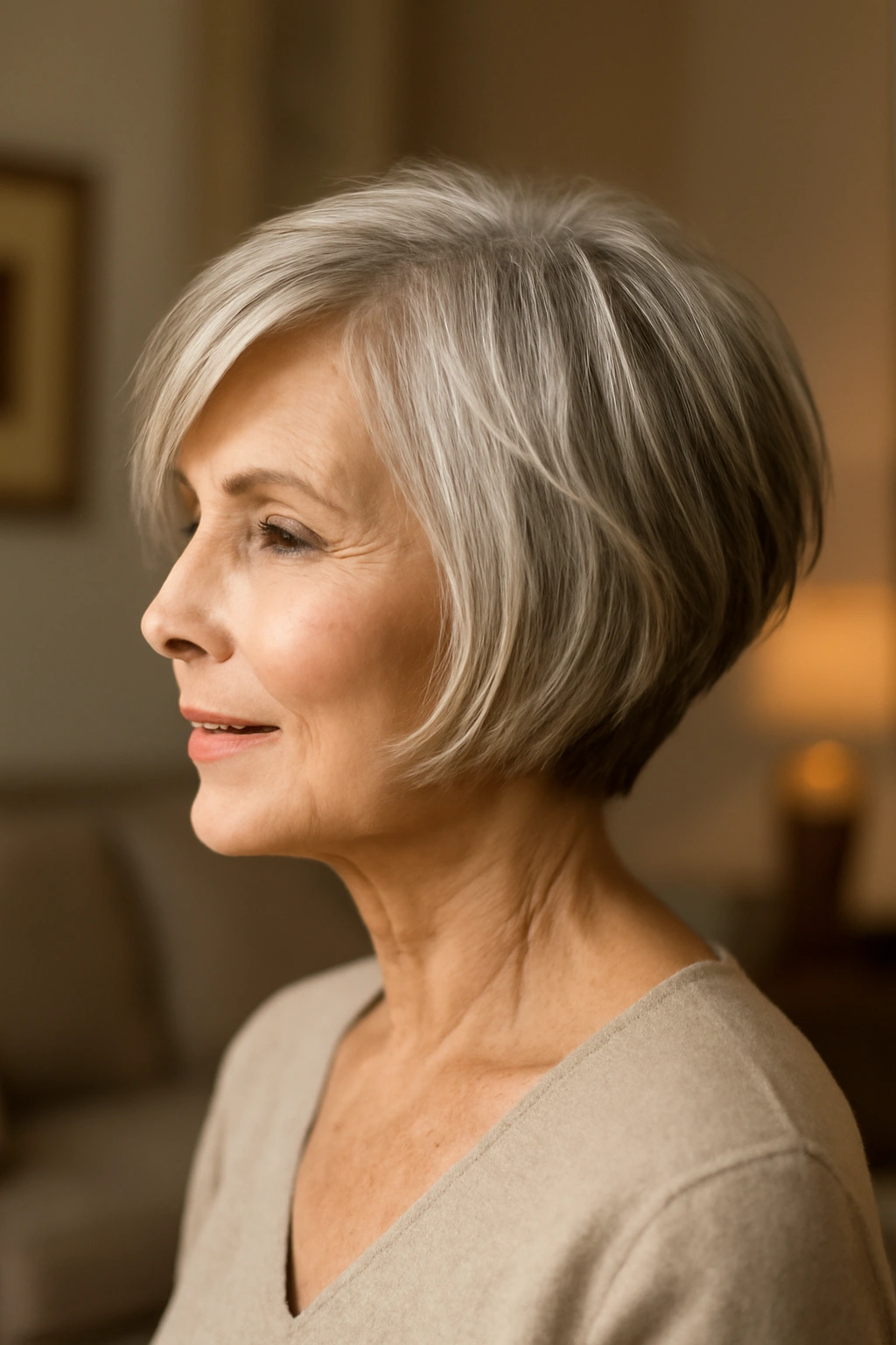 Elegant woman over 70 featuring a side-swept choppy bob with silver hair