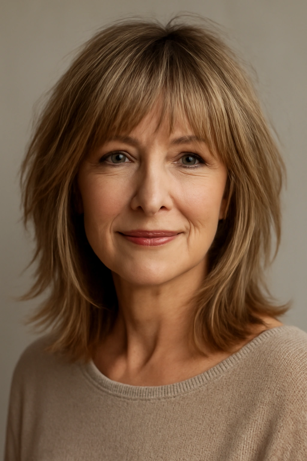 Woman over 50 with a choppy mid-length cut and wispy bangs