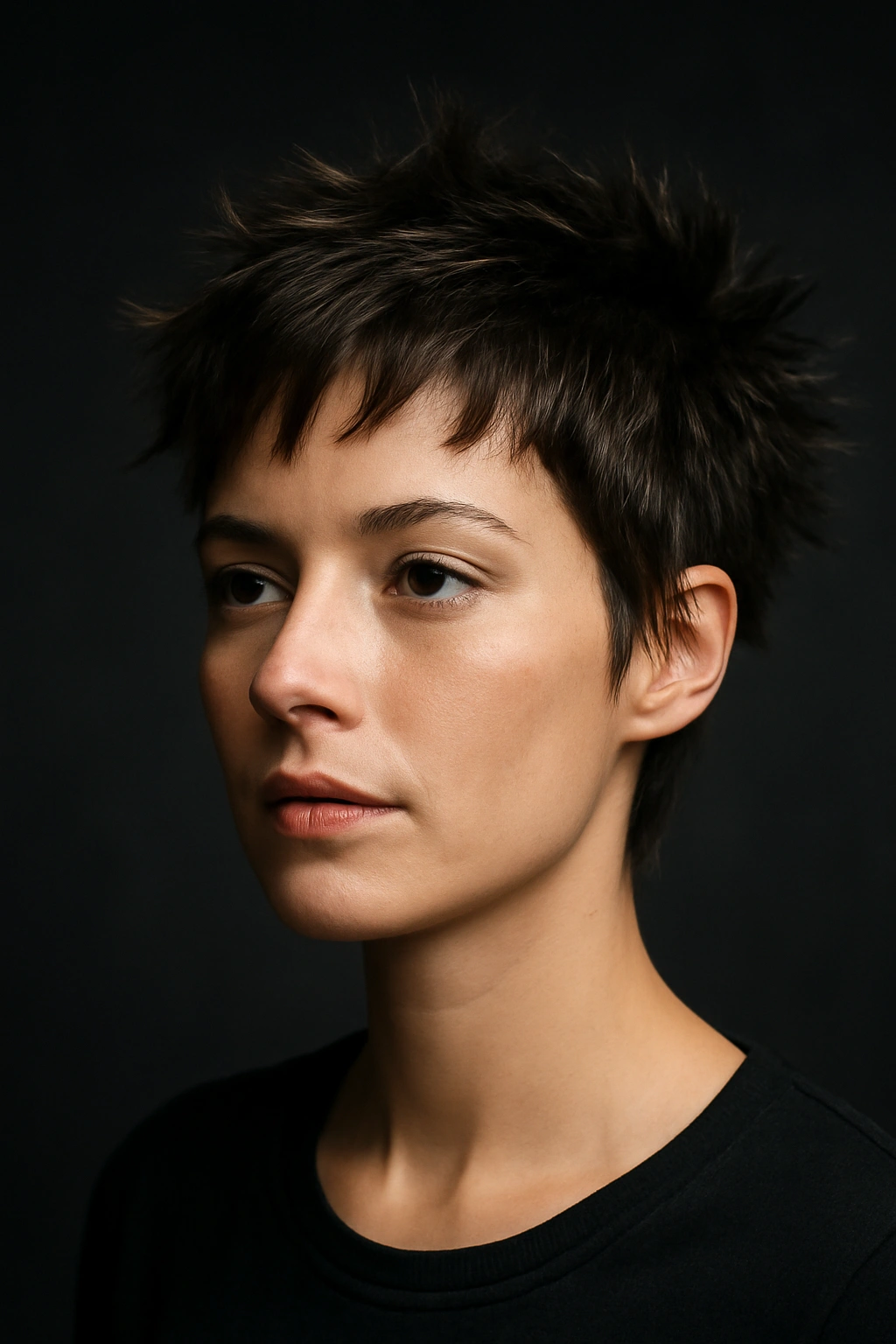Edgy choppy pixie with uneven lengths and spiky texture.