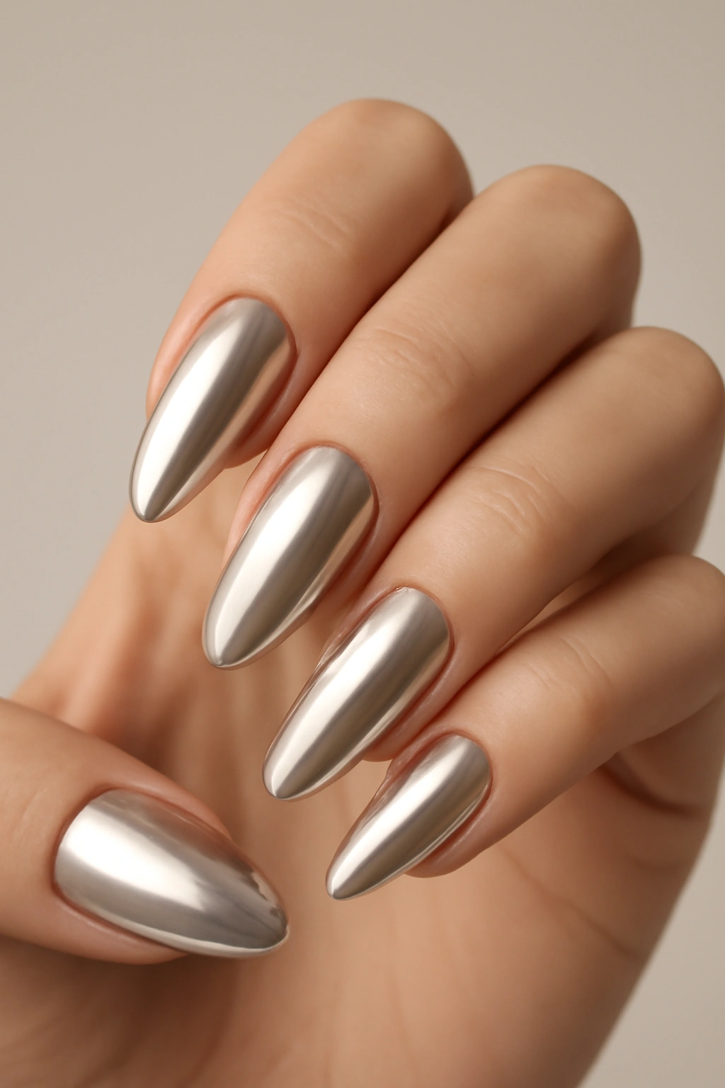 Close up of chrome finish nails in natural beige and pink tones with a metallic reflective sheen.