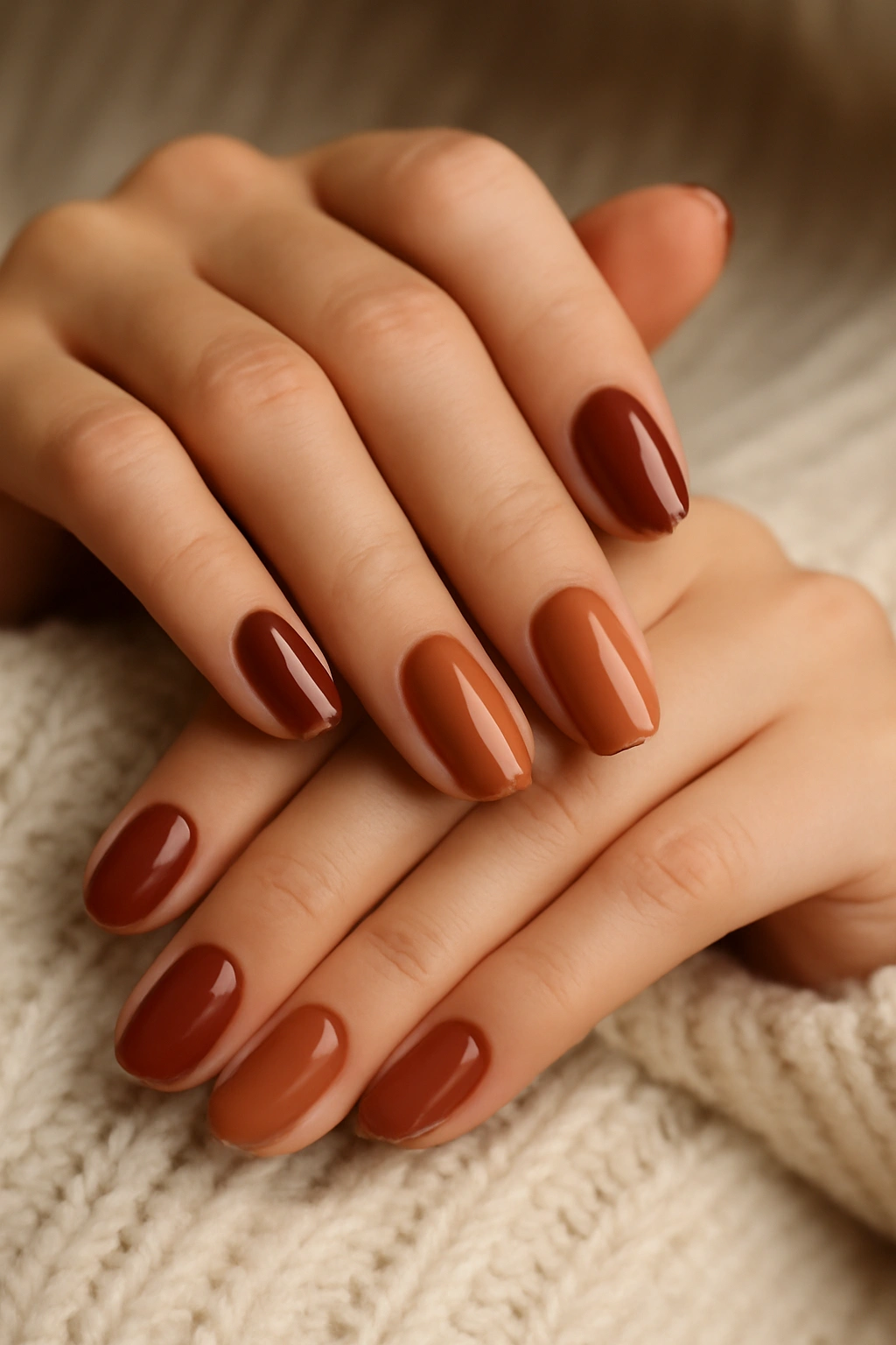 Close up of a manicure with cinnamon reddish-brown and terracotta earthy-toned nail polish.