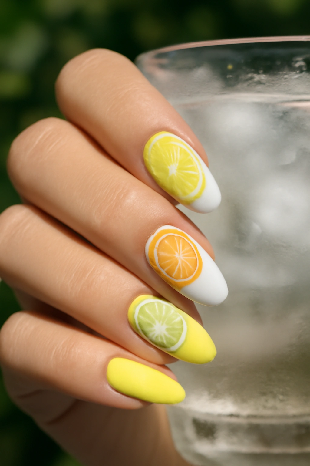 Close up of matte nails with orange lemon and lime citrus fruit slice designs.