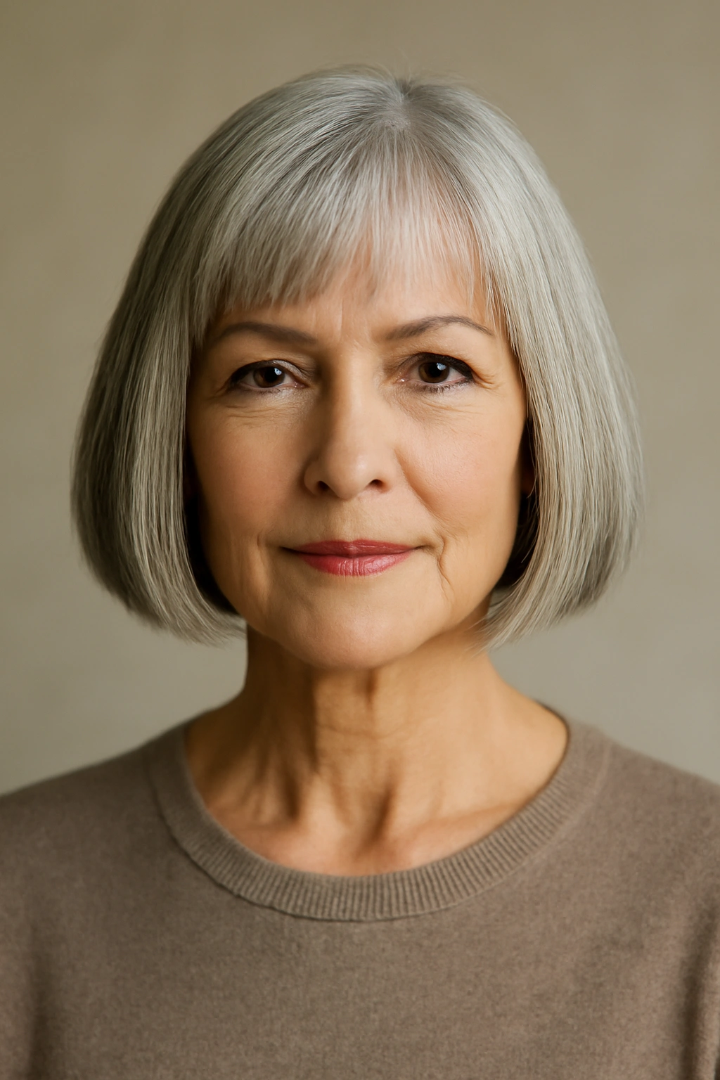 Close-up of a classic blunt bob at chin length with straight glossy hair