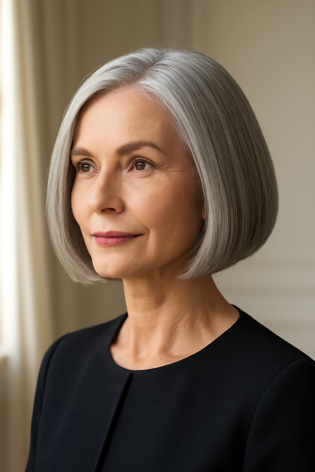 Classic chin-length gray bob hairstyle on a sophisticated woman