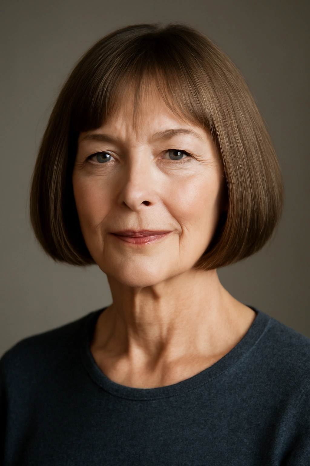 Portrait of a woman with a classic chin-length bob and blunt edge.
