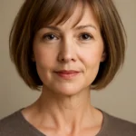 Close-up of a woman with a chin-length bob and wispy bangs framing the face