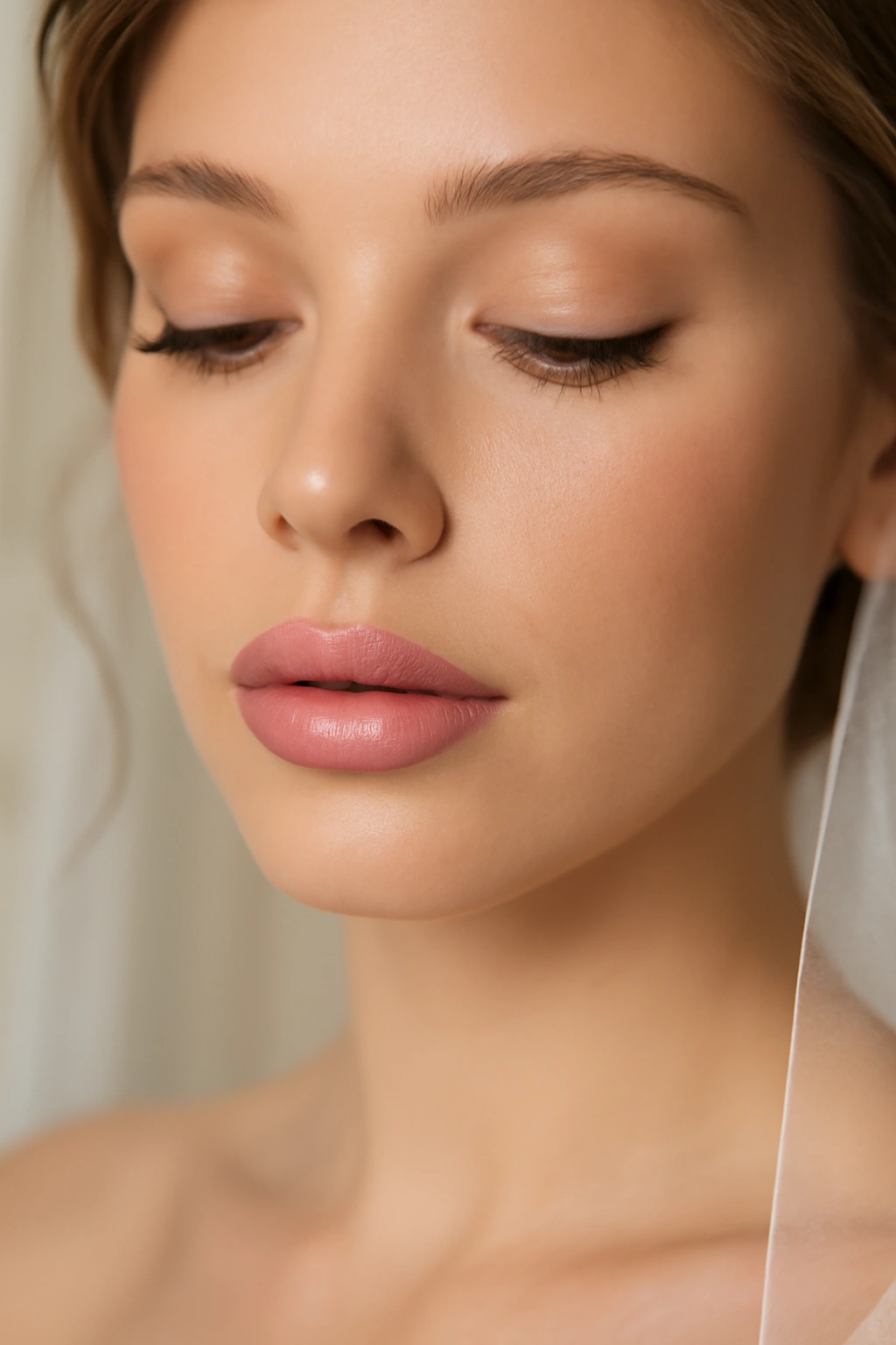 Classic pink creamy lipstick on a bride for a feminine and romantic wedding look.