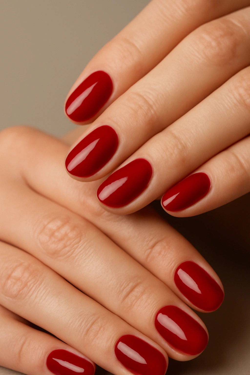 Close-up of hands with classic red nails in a deep red shade, elegant manicure
