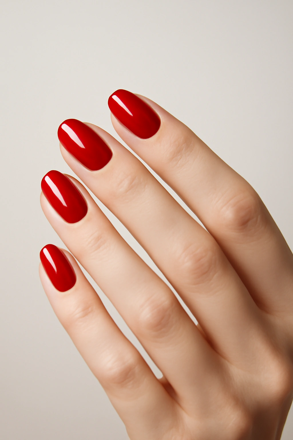 Close up of fair-skinned hands with classic red glossy nail polish manicure
