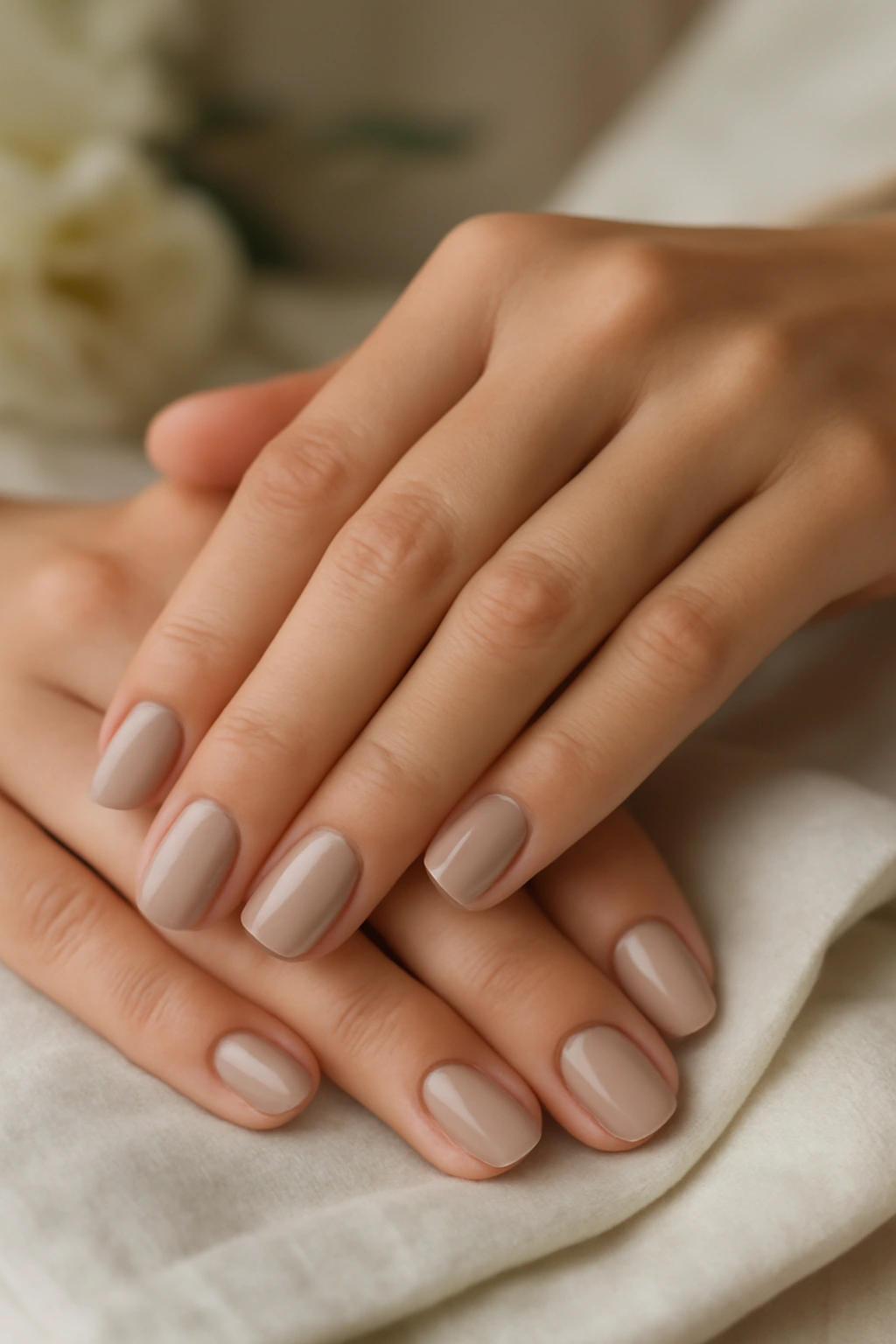 Elegant short manicured nails on a mature hand featuring sophisticated neutral polish tones.