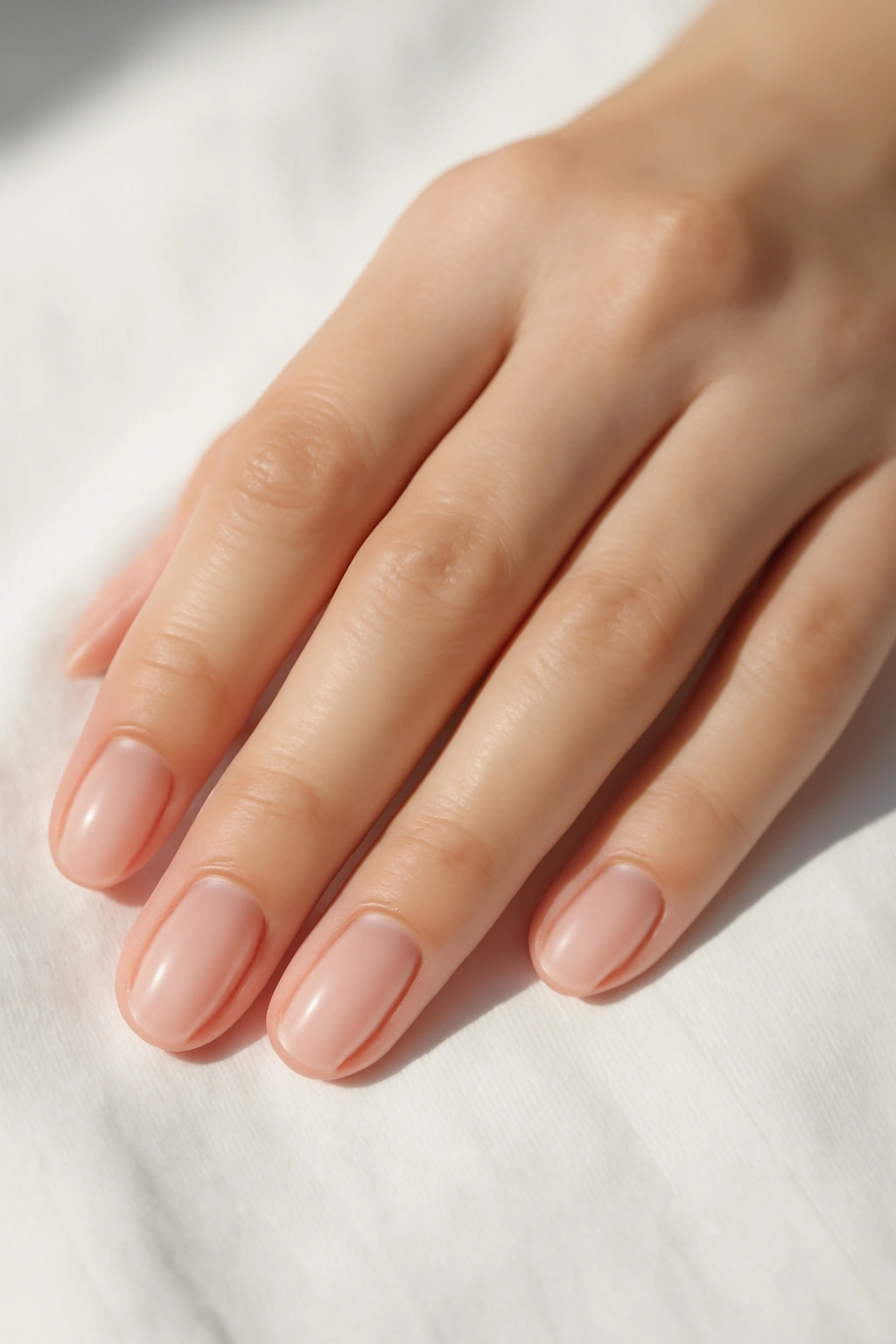 Clean girl aesthetic nails featuring healthy buffed natural nails with a sheer glossy finish and groomed cuticles.