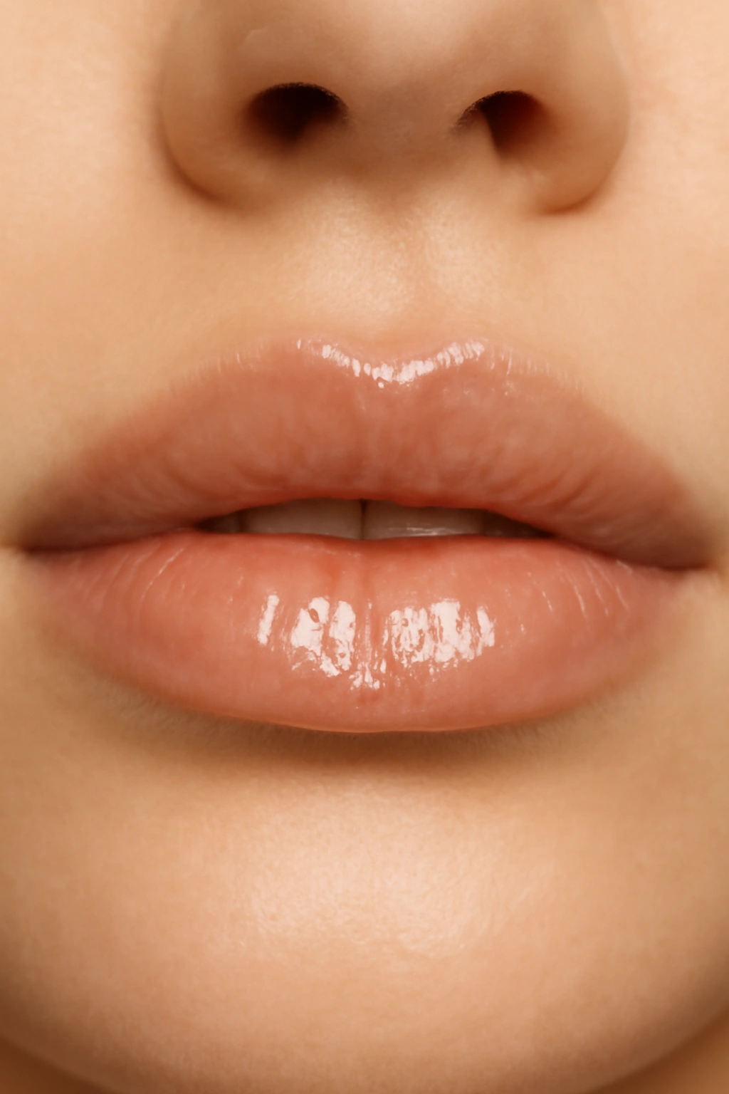 Close-up of clear lip gloss on lips with a natural, hydrating shine.