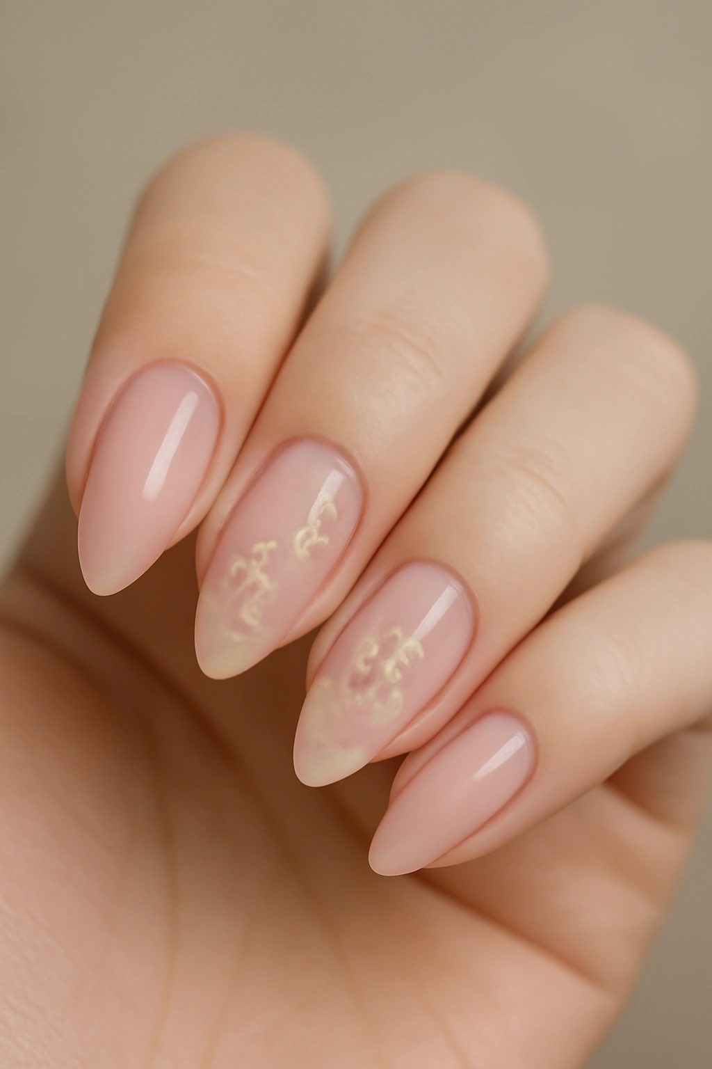 Close-up of clear pink almond nails with delicate flower decals