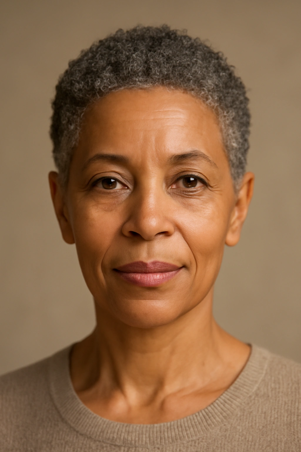 Older woman with a tightly coiled cropped cut.
